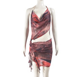EVE Mesh Print Irregular Sling Mini Dress GFRT-31729SHY