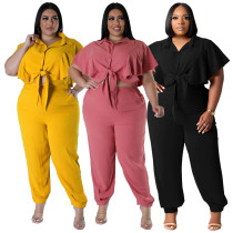 EVE Plus Size Solid Tie Up Casual Two Piece Pants Set NNWF-7984