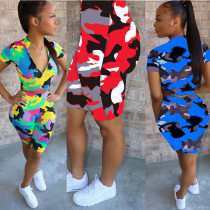 EVE Camouflage Print Short Sleeve Two Piece Shorts Set HMS-6286