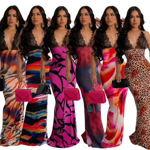 EVE V Neck Backless Print Maxi Dress CYA-901202