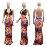EVE V Neck Backless Print Maxi Dress CYA-901202