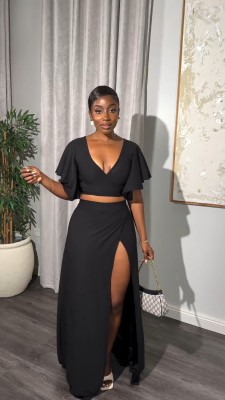 EVE Solid Fly Sleeve V-Neck Split Skirt 2 Piece Set NY-10776