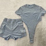 EVE Solid Color Rib Bodysuit And Shorts 2 Piece Set TR-1311