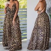 EVE Leopard Print Sling V Neck Backless Maxi Dress SFY-453