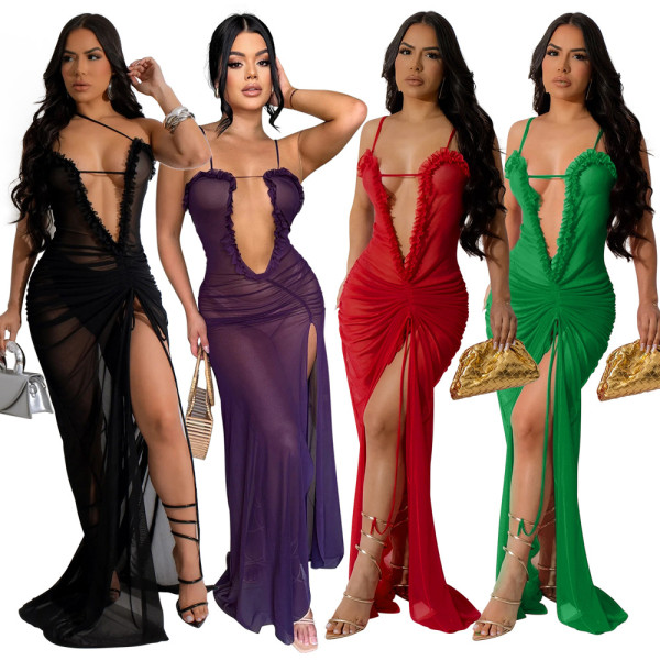 EVE Sexy See-through Solid High Split Maxi Dress CYA-901203