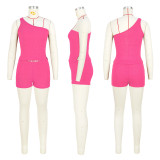 EVE Solid Color Slash Neck Two Piece Shorts Set ASL-6731