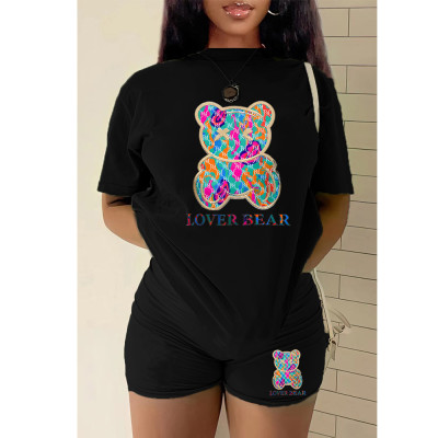 EVE Plus Size Bear Print Short Sleeve Two Piece Shorts Set GMZD-M3111L30