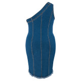 EVE Plus Size Sleeveless Slash Neck Denim Mini Dress GDAM-218396
