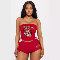 EVE Sexy Print Wrap Chest Tops Two Piece Shorts Set GMJL-502