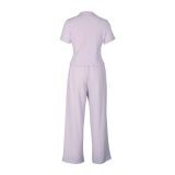 EVE Solid Color Pleated V Neck Two Piece Pants Set AIL-275