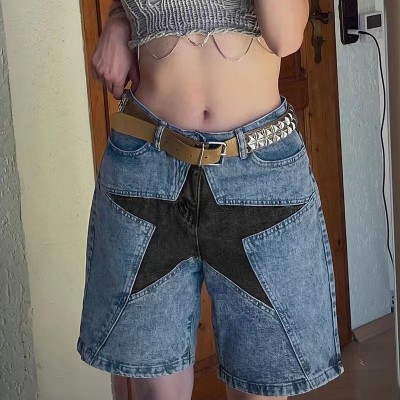 EVE Loose Color-blocked Pentagram Splicing Denim Mid Pants GQLF-8090