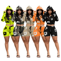 EVE Long Sleeve Print Hooded Sport Two Piece Shorts Set FOSF-8390