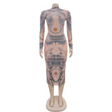EVE Sexy Print Long Sleeve Slim Maxi Dress BY-6936