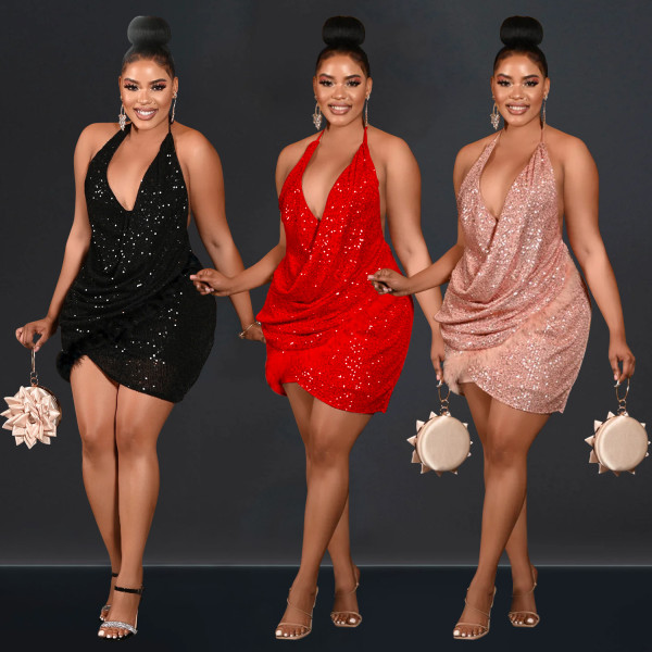 EVE Sexy Sequin Halter Backless Mini Dress BY-6905