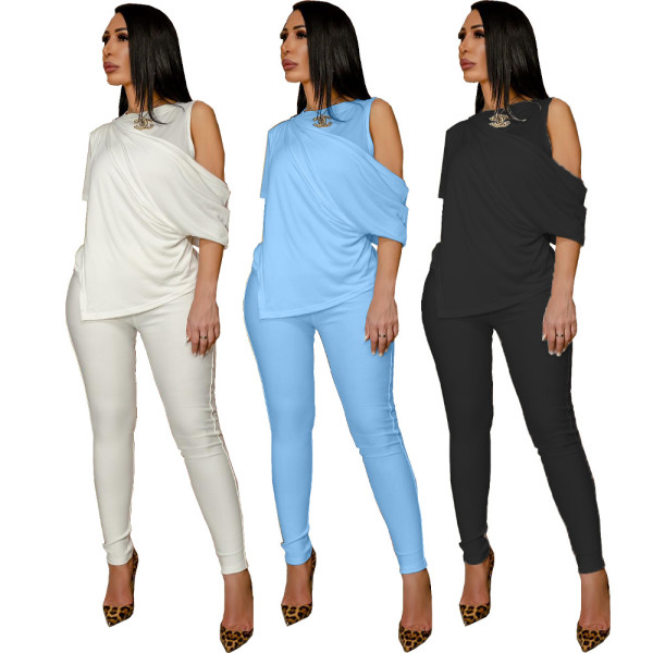 EVE Solid Irregular Tops And Pants Two Piece Set LDS-3306