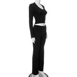 EVE Long Sleeve V-Neck Lace Short Top Casual Pants Set MXBF-K23ST589