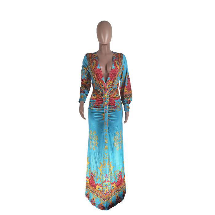 EVE Sexy Printed Deep V Neck Long Sleeve Maxi Dress NYMF-281