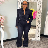 EVE Plus Size Slim Single Breasted Denim Jumpsuit OSIF-20917