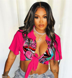 EVE Short Sleeve Letter Print Cardigan T Shirt GSDF-1057