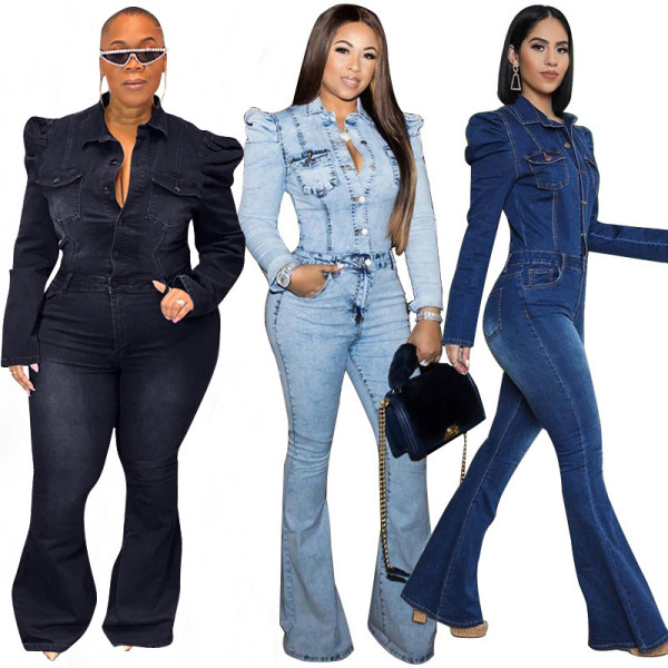 EVE Plus Size Slim Single Breasted Denim Jumpsuit OSIF-20917