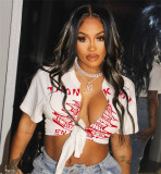 EVE Short Sleeve Letter Print Cardigan T Shirt GSDF-1057