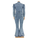 EVE Plus Size Slim Single Breasted Denim Jumpsuit OSIF-20917