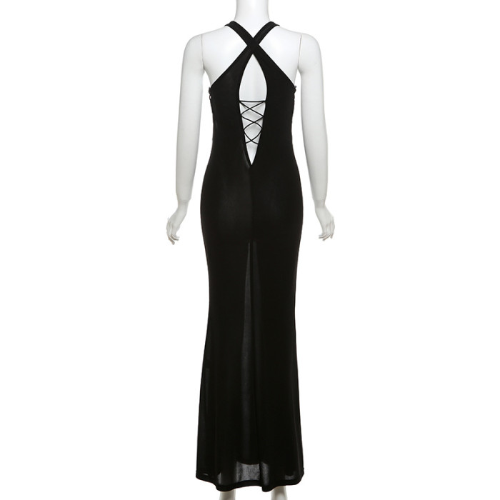 EVE Sexy Deep V Neck Crossover Backless Maxi Dress XEF-47711