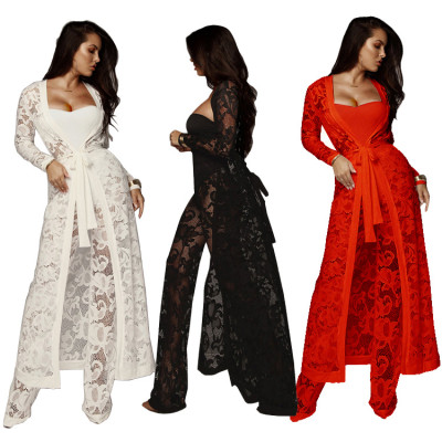 EVE Lace Long Sleeve Tie UP Wide-leg Pants Three-piece Set YF-9225