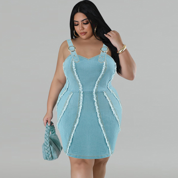 EVE Plus Size Denim Sling Tassel Sleeveless Mini Dress GDAM-218505