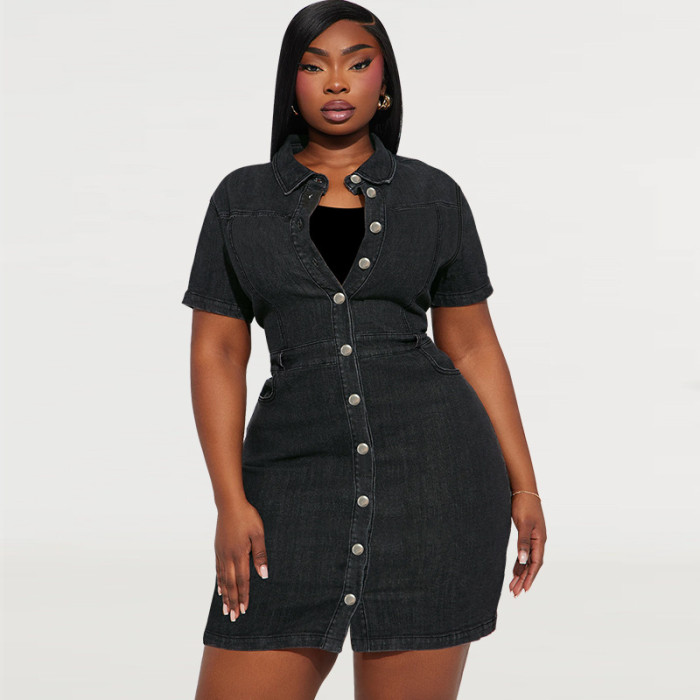 EVE Plus Size Lapel Single-breasted Denim Mini Dress GDAM-218501