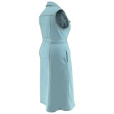 EVE Plus Size Sleeveless Lapel Tie Up Denim Maxi Dress GDAM-218502