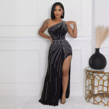EVE Hot Drill Slash Shoulder Split Maxi Dress NY-3199
