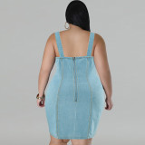 EVE Plus Size Denim Sling Tassel Sleeveless Mini Dress GDAM-218505