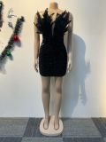 EVE Sequin Deep V Neck Feather Mini Dress NY-3205