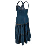 EVE Plus Size Sleeveless Sling Zipper Denim Long Dress GDAM-218500