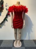 EVE Sequin Feather Splicing Tube Tops Dress NY-3176