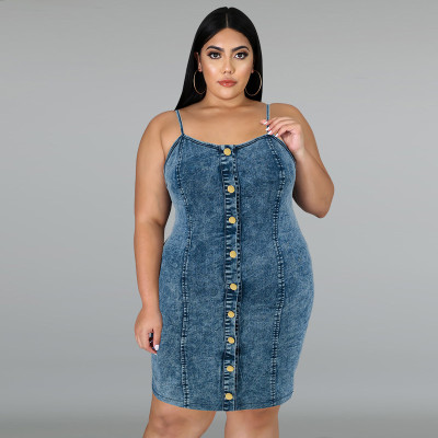 EVE Plus Size Sleeveless Sling Demim Mini Dress GDAM-218399