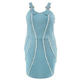 EVE Plus Size Denim Sling Tassel Sleeveless Mini Dress GDAM-218505