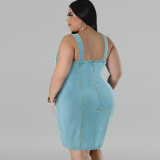 EVE Plus Size Denim Sling Tassel Sleeveless Mini Dress GDAM-218505