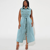 EVE Plus Size Sleeveless Lapel Tie Up Denim Maxi Dress GDAM-218502