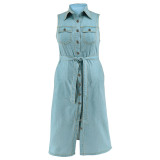 EVE Plus Size Sleeveless Lapel Tie Up Denim Maxi Dress GDAM-218502