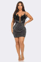 EVE Hot Drill Feather Splicing Sling Mini Dress NY-3159