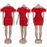 EVE Sequin Feather Splicing Tube Tops Dress NY-3176