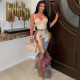 EVE Contrast Color Printed Mesh Ruffle Flared Pants LSD-2115