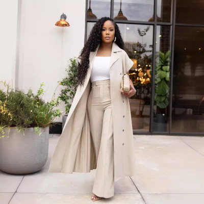 EVE Fashion Solid Pleated Long Coat Wide Leg Pants Suit QYXZ-9177