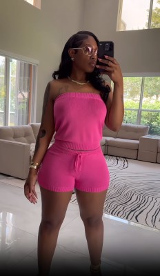 EVE Solid Color Tube Tops Sweater 2 Piece Short Set QXTF-83014