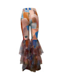 EVE Contrast Color Printed Mesh Ruffle Flared Pants LSD-2115