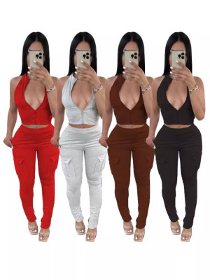 EVE Solid Color Zipper Tight Sleeveless Sport Pants Suit WSM-5368