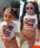 EVE Kid Girl Cartoon Printed T-shirt Plaid Skirt Suit GYAY-8099