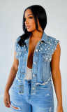 EVE Beaded Diamond Studded Denim Vest Jacket GQDH-1073